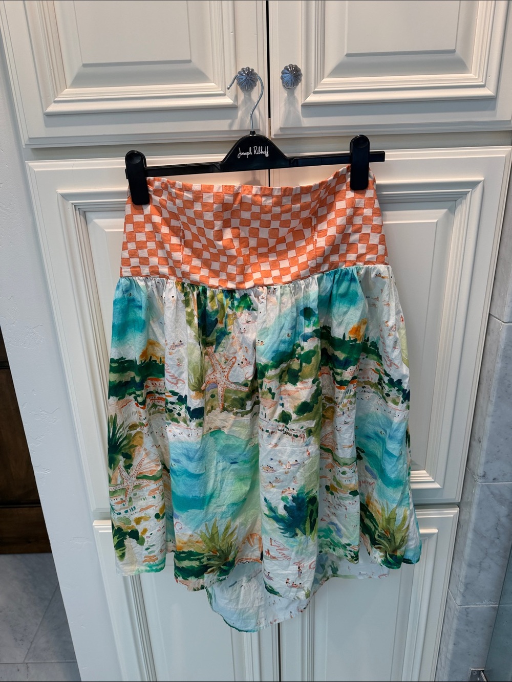 Strapless Beach-Print Dress with Orange Check Waistband from Anthropologie